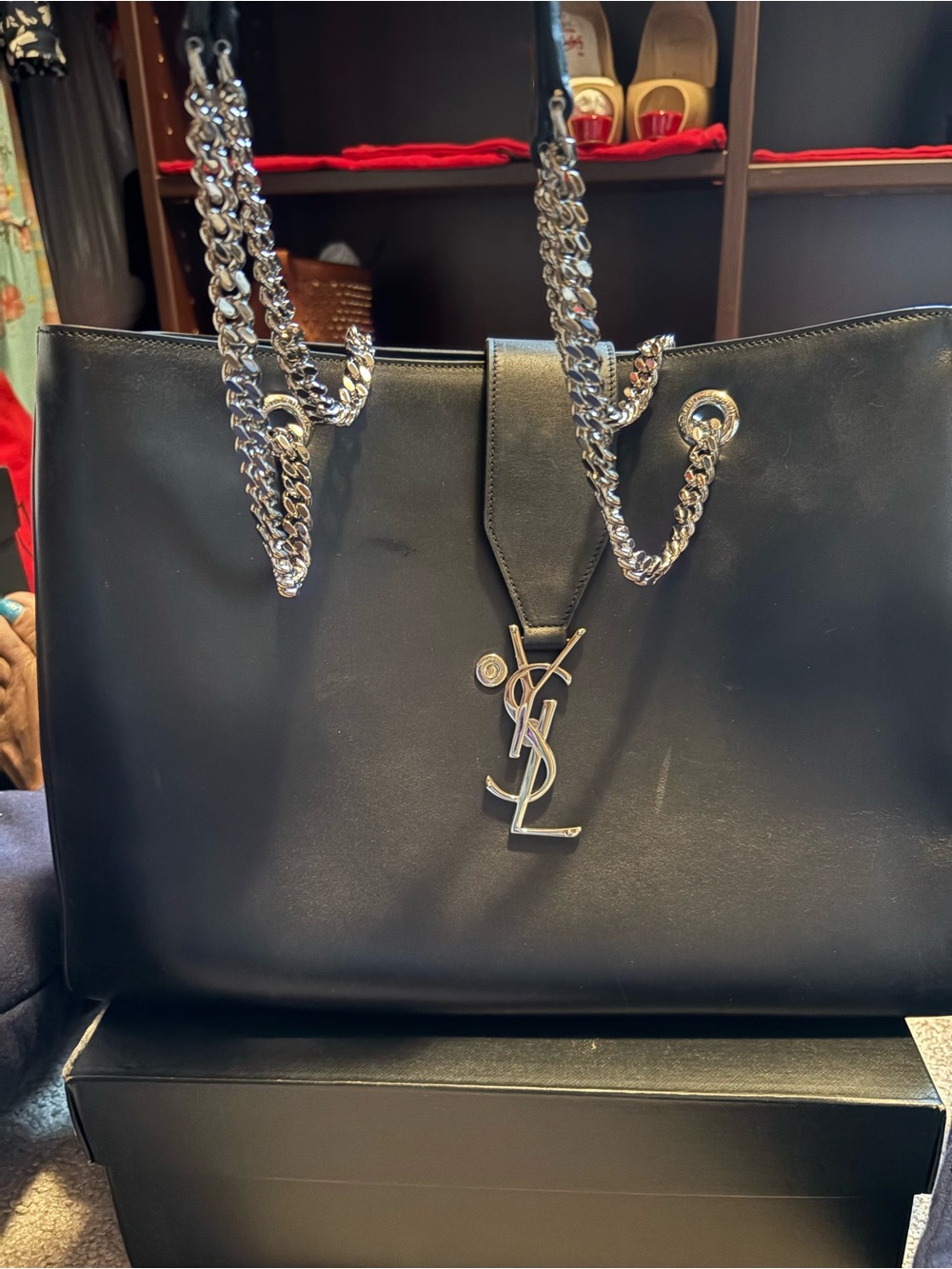 Yves Saint Laurent Black Leather Tote with Silver Chain Straps